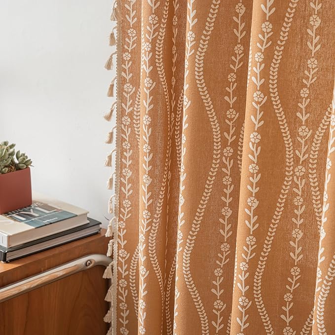 Sutuo Home Boho Curtains 63 Inches Length for Kitchen Bedroom, Printed Cotton Linen Rod Pocket Rustic Farmhouse Bohemian Tassels Window Treatment, 1 Panel 59" W x 63" L, Terracotta Stripe Florals-Ruum Studio Home