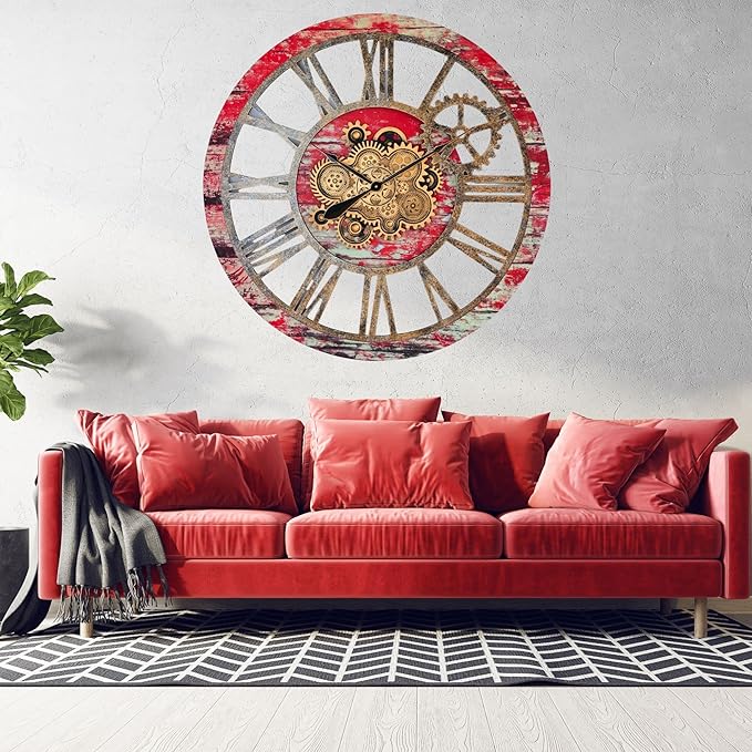 The Gears Clock 36'' Inch Real Moving Gear Wall Clock Vintage Industrial Oversized Rustic Farmhouse (Red Lava)-Ruum Studio Home