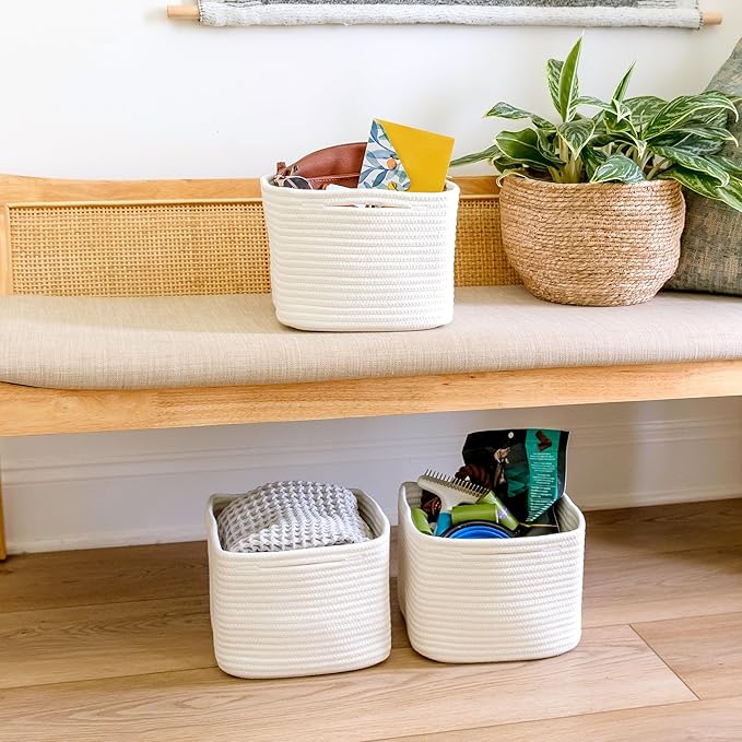 NaturalCozy Storage Cubes 9”x9”x7”Cotton Rope Woven Baskets for Organizing 3-Pack | 9 Inch Cube Storage Bin | Small Basket for Shelf Nursery, Pantry, Decorative Plant, Bathroom Closet, Toy Gift-Ruum Studio Home