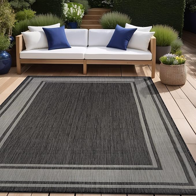 Beverly Rug Outdoor Rug 8x10 Modern Bordered Area Rugs for Indoor and Outdoor Patio Deck Porch Garden Waterproof Weather Sun Resistant Washable Outside Carpet (8 x 10 Dark Gray)-Ruum Studio Home