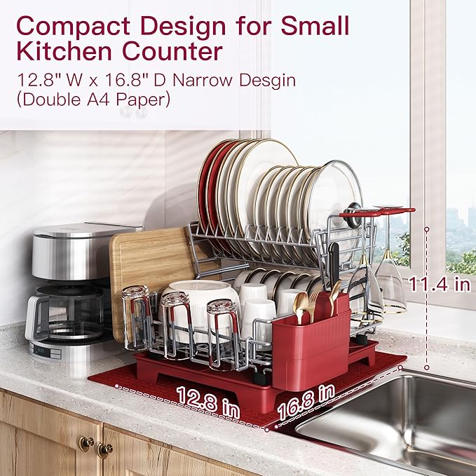 BOOSINY 2 Tier Red Large Stainless Steel Dish Drainers Drying Rack for Kitchen Counter with Drainboard, Rust Proof Metal, Space Saving, Modern Aesthetic, Compact Plates Strainers with Extra Mat-Ruum Studio Home