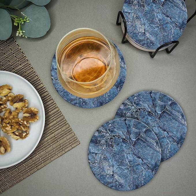 Emerson Coasters for Drinks Absorbent – Natural Stone Drink Coasters Set with Holder, Coasters for Coffee Table, Wooden Tabletop Protection Marble Style – 100% Heavy Duty Set of 6 (Mystic)-Ruum Studio Home