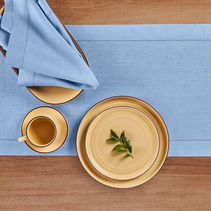 Solino Home Linen Cornflower Blue Table Runner 90 Inches Long - 100% Pure Linen Hemstitch 14 x 90 Inch Table Runner for Dining - Classic Hemstitch-Ruum Studio Home