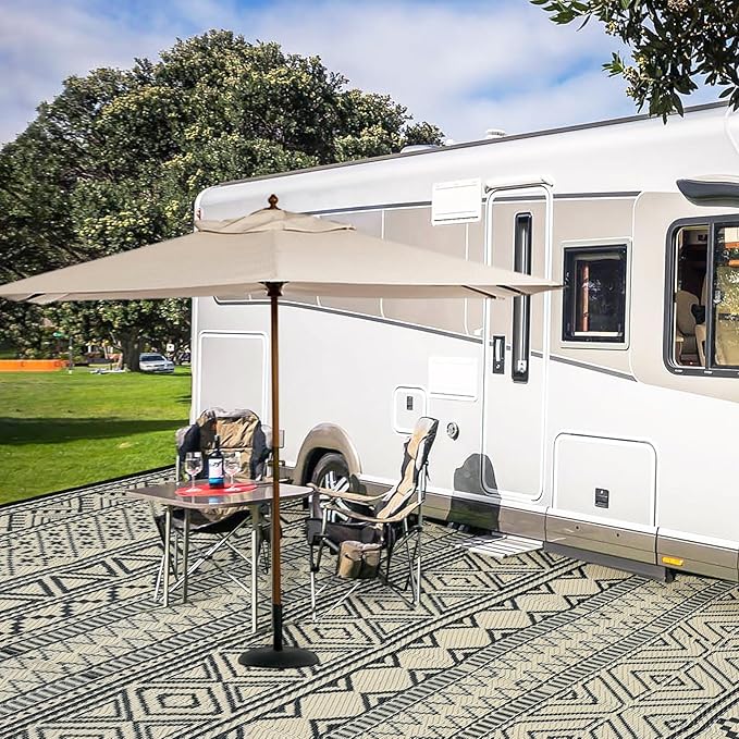 GAOMON Outdoor Rug 9'x12' Waterproof Rug for Patio Decor, Foldable Reversible Plastic Straw Area Rugs Mat for Camper, Outside Carpet for Deck, Porch, Picnic, Beach, Black/Coffee(Bohemia)-Ruum Studio Home