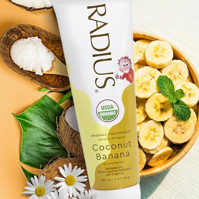 RADIUS Children's Toothpaste, Coconut Banana, 3 oz, Non-Toxic Chemical-Free Gluten-Free, Designed to Improve Gum Health & Prevent Cavities, Pack of 2-Ruum Studio Home