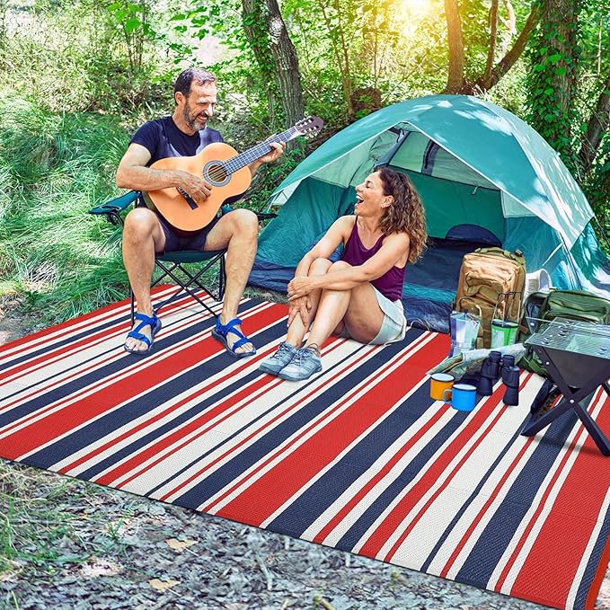 Outdoor Patio Rug 9x12 Stain-Resistant Reversible Camping Mat, Modern Striped Outdoor Plastic Straw Rug, Waterproof Outside Carpet, Easy to Clean for RV, Porch, Deck, Balcony, Red Blue White-Ruum Studio Home
