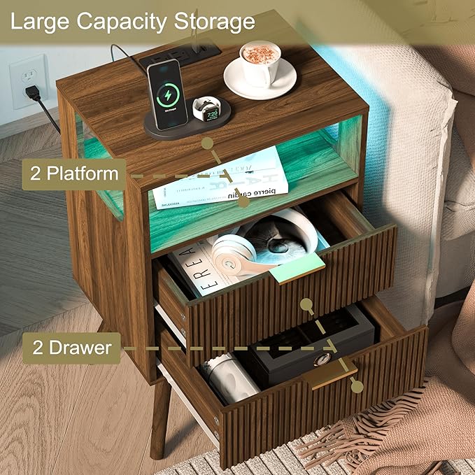 Nightstand with Charging Station and LED Lights,Modern Bedside Table with 2 Storage Drawer and Open Wood Shelf, for Bedroom and Small Spaces,Night Stand with Solid Wood Legs,Walnut Brown-Ruum Studio Home