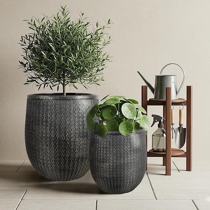 Worth Garden Large Round Planters Set of 2 (14.5"x17.5" & 12" x15“) - Lightweight Magnesium Oxide Cement Plant Pot with Texture - Concrete Look with Drainage Hole – Indoor & Outdoor Use - Black Gold-Ruum Studio Home