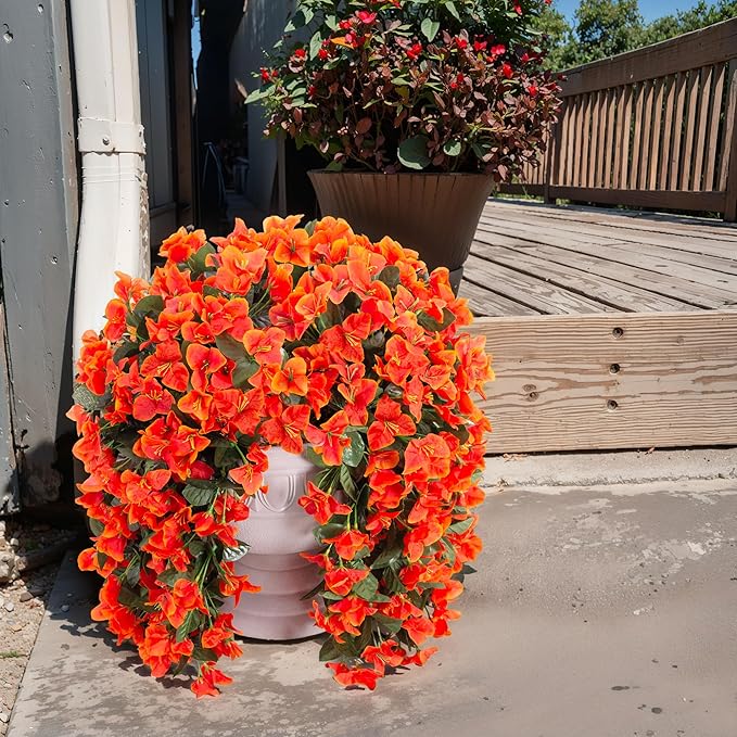 Artificial Bougainvillea Faux Flowers Plants for Outdoors Outside Fall Autumn Decor, 2 PCS Silk Trailing Vines UV Resistant Realistic Orange Fake Flowers for Planter Front Door Porch Patio Balcony-Ruum Studio Home