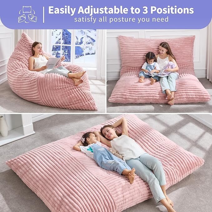 Hobestluk 3 in 1 Bean Bag Chair Giant Bean Bag Chairs Convertible Bean Bag Floor Cushion with Machine Washable Cover, Beanbag Chairs for Adult (Pink)-Ruum Studio Home