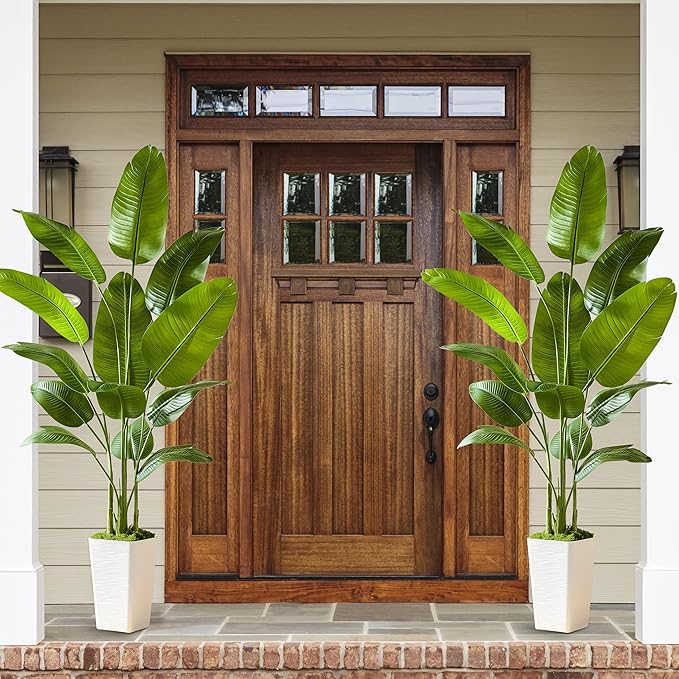 Fake Bird of Paradise Silk Artificial Plant Faux Banana Leaf Tree Lifelike Bird of Paradise for Home Decor Indoor Floor Plant with 10 Trunks (1, White Tall Planter, 6 FT)-Ruum Studio Home