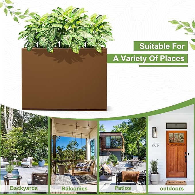FENCY Metal Rectangular Planter Box for Outdoor - Large Planters with Drainage Holes (35.4" L x 9" W x 25.6" H, Brown)-Ruum Studio Home
