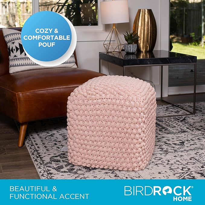 BIRDROCK HOME Buds Pouf Foot Stool Ottoman - Knit Bean Bag Floor Chair - Cotton Braided Cord - Great for The Living Room, Bedroom and Kids Room - Small Furniture (Dusty Rose - Buds)-Ruum Studio Home