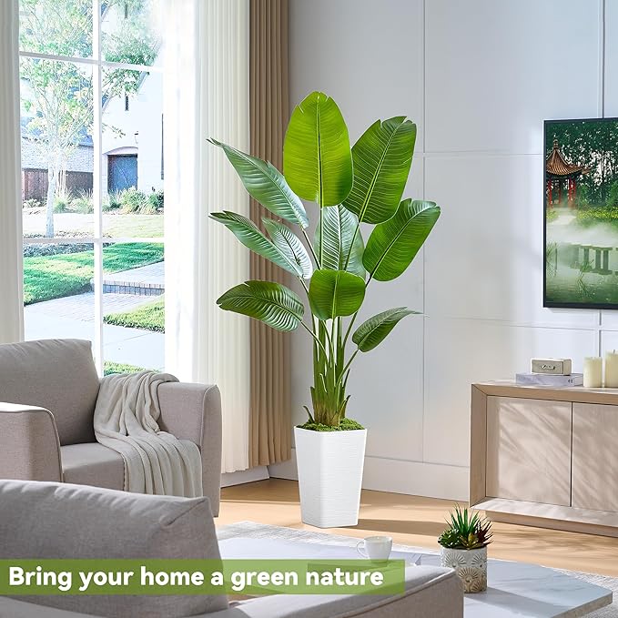 Lifelike Bird of Paradise Silk Artificial Plant Faux Banana Leaf Tree for Home Decor - Perfect Indoor Floor Plant with 9 Trunks (1, White Tall Planter, 5 FT)-Ruum Studio Home