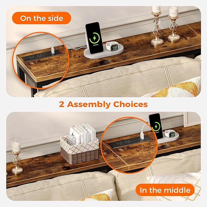 SUPERJARE 78.7 Inch Console Table with Outlet, Sofa Table with Charging Station, Narrow Hallway Entryway Table, Behind Couch Table, for Living Room, Rustic Brown-Ruum Studio Home
