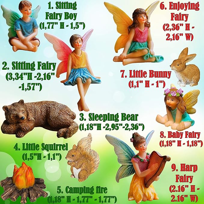 Mood Lab Fairy Garden - Miniature Fairies Figurines Accessories - Camping Kit of 9 pcs - Set for Outdoor or House Decor-Ruum Studio Home