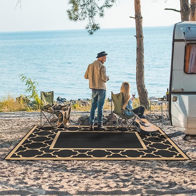 GENIMO Outdoor Rug 9' x 12' Patio Waterproof, Foldable Reversible Plastic Straw Area Rugs Mat for Camper Decor, Outside Carpet for Rv, Deck, Porch, Picnic, Beach, Balcony, Black & Brown-Ruum Studio Home