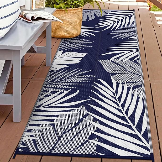 GENIMO Outdoor Rug 2.5' x 8' Waterproof for Patios Clearance, Reversible Outdoor Plastic Straw Camping Rug Carpet, Large Area Rugs Mats for RV, Camper, Deck, Balcony, Porch, Beach, Navy Blue&White-Ruum Studio Home