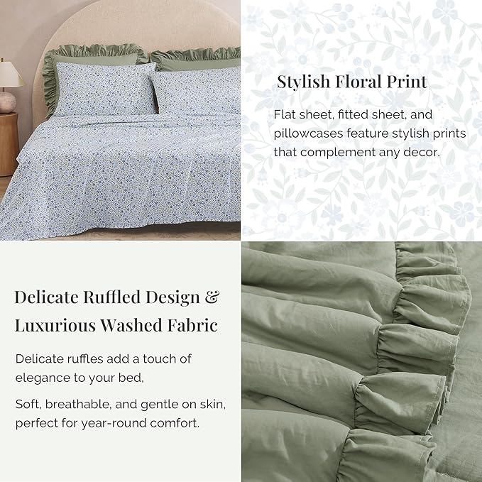 Full Comforter Set - 7 Pieces Ruffle Sage Green Bedding Sets, Shabby Chic Farmhouse Bed in a Bag Full with Ruffle Comforter, Floral Sheets, Pillowcases & Shams-Ruum Studio Home