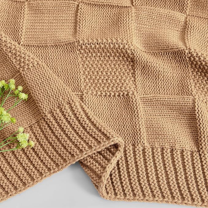 CozeCube Check Knit Throw Blanket, Beige Checkered Throw for Couch, Decorative Christmas Soft Cozy Warm Knitted Blanket for Bed Sofa Living Room, 50"X60"-Ruum Studio Home