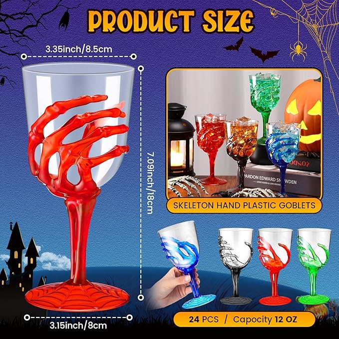 Sliner 24 Pcs Halloween Skeleton Hand Plastic Goblets 12 oz Spooky Skeleton Hand Goblets Halloween Wine Glasses Champagne Glassware Creepy Clear Cups for Party Haunted House, 4 Color