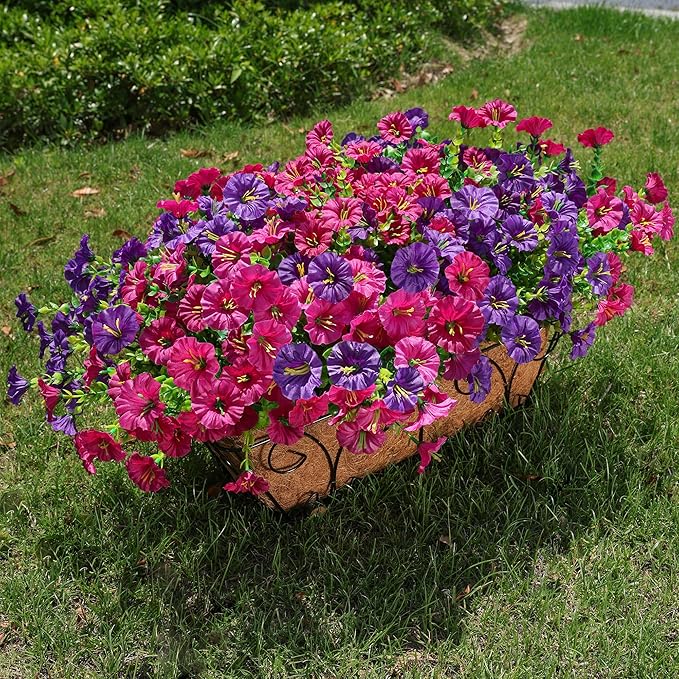 Artificial Flowers for Outdoors Fake Plants Outside Decoration, 12 Bundles Silk Colorful Morning Glory with Eucalyptus UV Resistant Realistic Faux Flowers for Planter Porch Patio Yard Garden-Ruum Studio Home