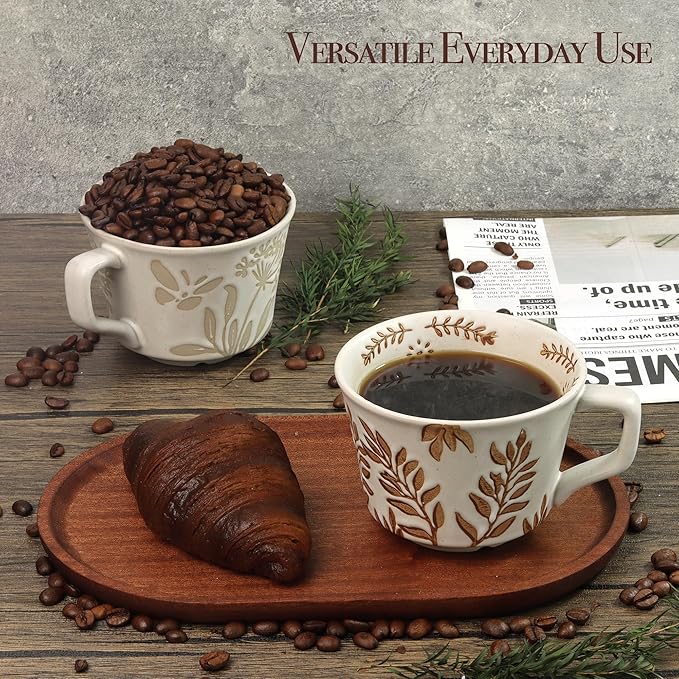 Ceramic Coffee Mug, 12 oz Novelty Unique Teacup with Large Handle, Stoneware Cup for Tea Mocha Latte Cappuccino Espresso (Set of 2, Butterfly and Ivy)-Ruum Studio Home