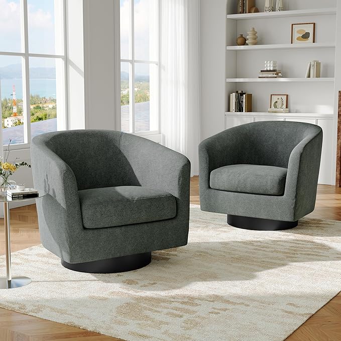 Swivel Barrel Accent Chair, Modern Round Chenille Fabric Arm Chair for Living Room, Bedroom, Comfy Club Reading Chairs for Adults（Chenille Fabric, Grey, Set of 2-Ruum Studio Home