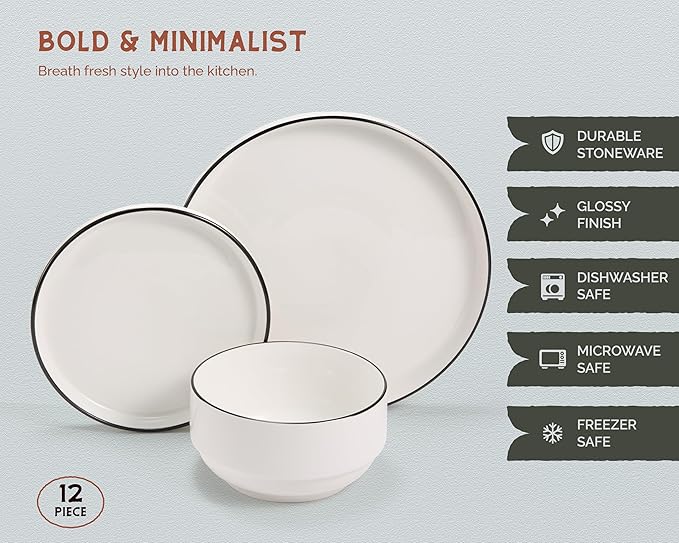 Ceramic Dinnerware Set, 12-Piece Service for 4, Round, Microwave and Dishwasher Safe, Cambridge Classics (French)-Ruum Studio Home