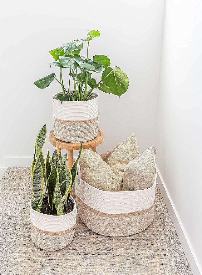 OrganiHaus Boho Woven Basket for Blankets and Laundry, Decorative Large Storage Bin for Living Room, Nursery Basket for Toys & Clothes, Soft Cotton Rope with Handles 20x13 inches - Striped Honey-Ruum Studio Home