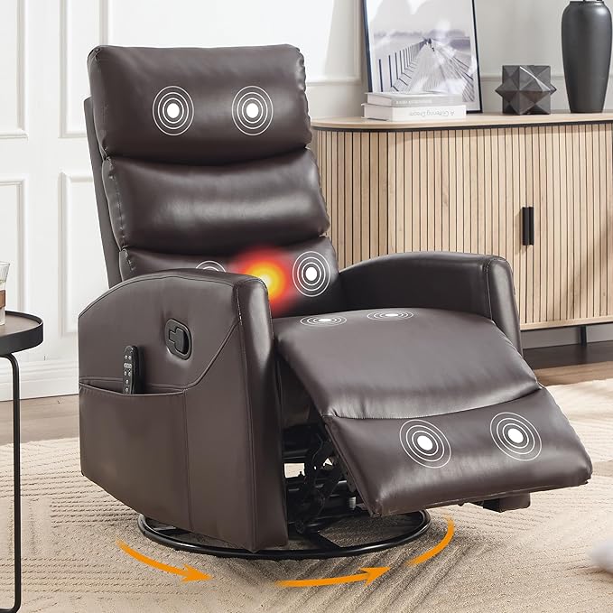 Manual Swivel Rocker Recliner Chair for Adults, Overstuffed Reclining Glider Chair for Nursing with Vibration Massage & Heat, Living Room Rocking Recliner 3-Stage backrest, Faux Leather Brown-Ruum Studio Home