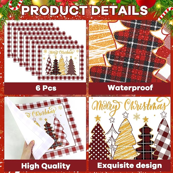 Winter Christmas Placemats Set of 6 Merry Christmas Watercolor Buffalo Plaid Plastic Table Mats Red Gold Xmas Trees Place Mat Holiday Table Decoration for Indoor Outdoor Party Kitchen Dining-Ruum Studio Home