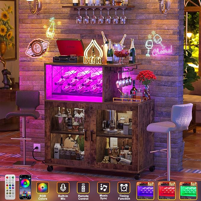 Wine Bar Cabinet with Wheels, Small Liquor Cabinet with LED Light, Home Bar Cart with Power Outlets, Coffee Bar with Wine Rack, Glasses Storage for Kitchen, Dining Room, Living Room, Vintage-Ruum Studio Home