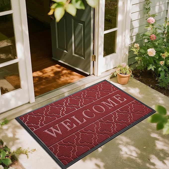 Yimobra Welcome Mat Outdoor Indoor, All-Season Waterproof Front Door Mat Outside Entrance, All-Weather Heavy Duty Non-Slip Doormat, Low Profile Porch Patio Entrance Mats, 47x32, Red-Ruum Studio Home