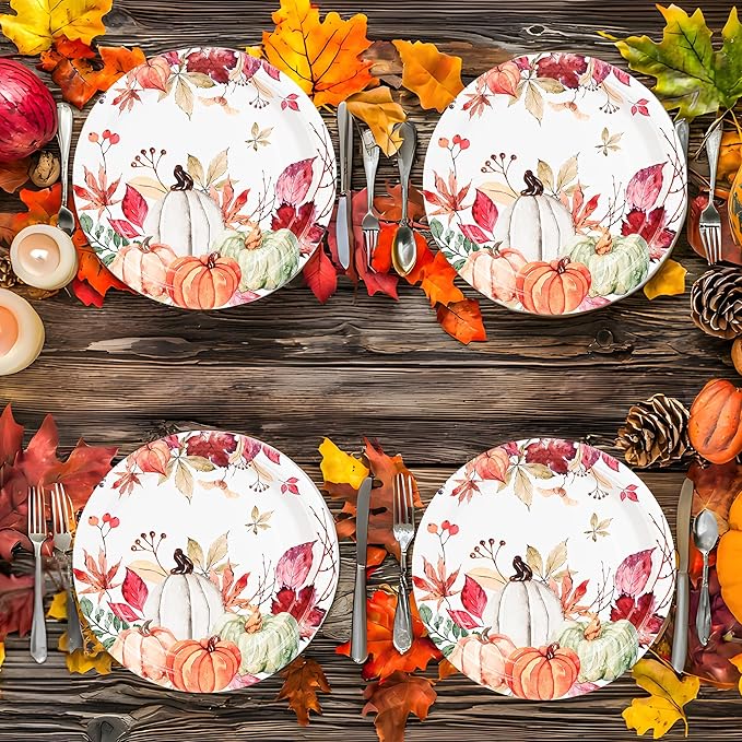 AllReal Fall Pumpkins Paper Plates Rustic Pumpkin Leaves Disposable Party Plate 7" Thanksgiving Autumn Dessert Plate for Birthday Baby Shower Party Supplies Table Decor (48)-Ruum Studio Home