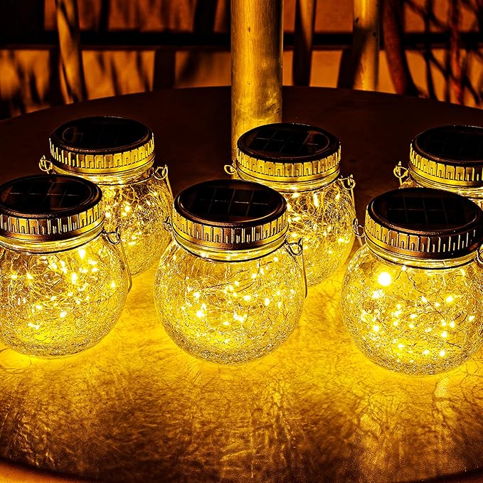 Cooo 6 Pack Crackle Glass Solar Lantern with 30 LED Firefly Lights– Waterproof Outdoor Hanging Lamp 215% Larger Solar Panel, Anti-Rust Lids Decorative Lighting for Garden Patio Table-Ruum Studio Home