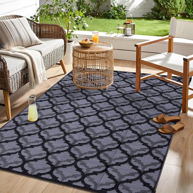 OLANLY Reversible Outdoor Rug 9x12 ft Clearance, Waterproof Outdoor Plastic Straw Rug with Interlacing Pattern, RV Mat for Patio, Camping, Balcony, Deck, Backyard, Black & Grey-Ruum Studio Home