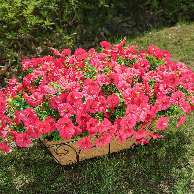 Artificial Flowers for Outdoors Fake Plants Outside Decoration, 12 Bundles Silk Hot Pink Morning Glory UV Resistant Look Real Faux Flowers for Planter Front Door Porch Patio Yard Gardens Home-Ruum Studio Home