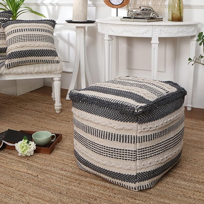REDEARTH · Tufted Pouf Ottoman with Filler Textured Storage Cube Bean Bag Pouffe Footrest for Living Room, Bedroom, Nursery, Kidsroom; 100% Cotton (17.5"X17.5"X17.5", Precis Descant Gray)-Ruum Studio Home