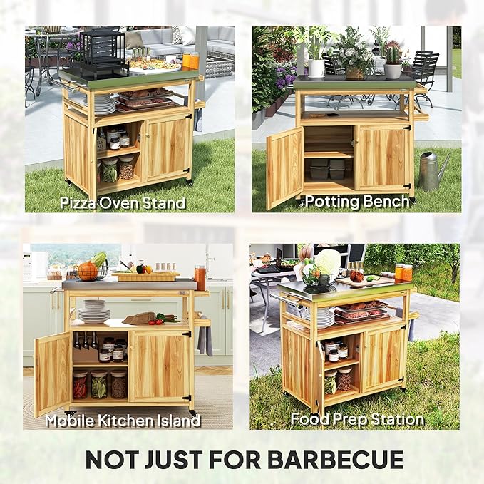 Outsunny Outdoor Grill Cart with Wheels and Storage, Solid Wood Outdoor Kitchen Island with Stainless Steel Top, Movable Bar Cart with Spice Rack, Side Handle, Integrated Hole for BBQ, Natural Wood-Ruum Studio Home