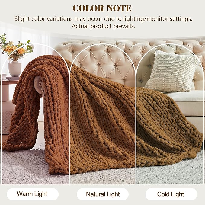 Carriediosa Chunky Knit Throw Blanket 60" X 80" Twin, 100% Hand Made Large Chenille Loop Yarn Soft Fluffy Throws for Couch Sofa Bed, Big Crochet Cozy Heavy Thick Cable Woven Blanket, Light Brown-Ruum Studio Home