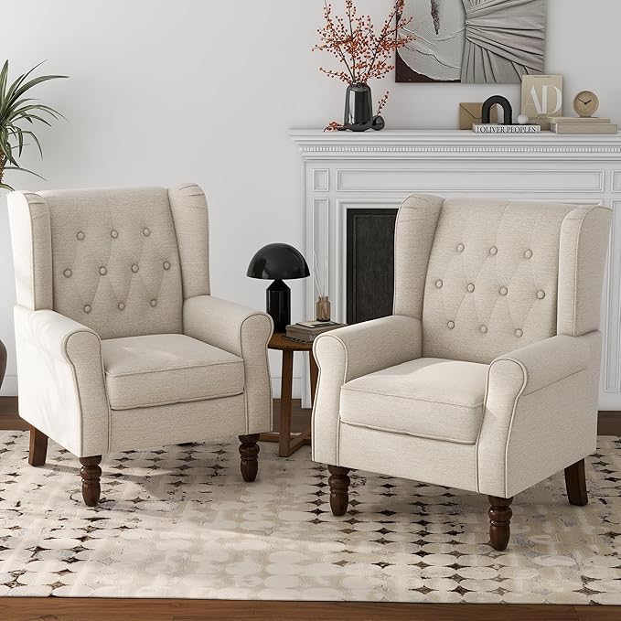 Lumibee High Back Accent Chair Set of 2,Upholstered Wingback Armchair with Solid Wood Legs for Small Spaces,Comfy Single Sofa Chair for Living Room,Bedroom,Office-Beige-Ruum Studio Home