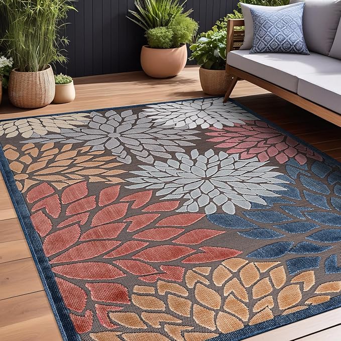 Beverly Rug Outdoor Rug 8x10 Modern Floral Tropical Area Rugs for Indoor and Outdoor Patio Easy to Clean Non Shedding Living Room Porch Garden Washable Outside Carpet (8 x 10 Brown)-Ruum Studio Home