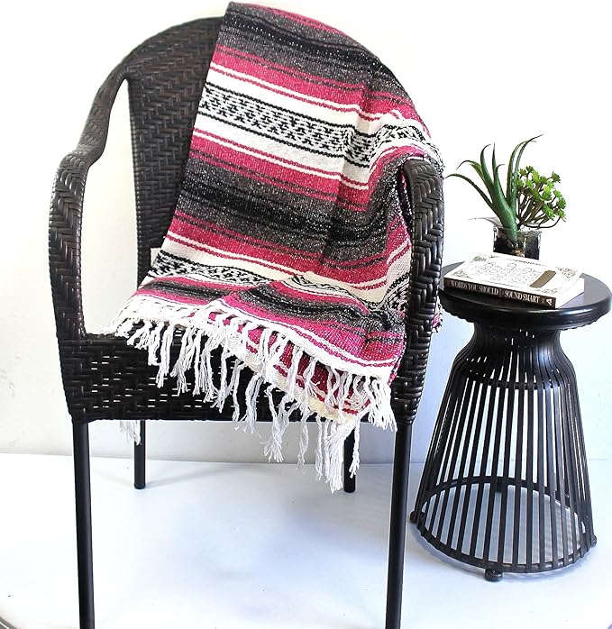 Del Mex Classic Mexican Blanket, Large Authentic Woven Falsa Throw (70"x50"), Artisan Southwest Décor for Beach, Yoga, Outdoors (Hot Pink/Fuchsia)-Ruum Studio Home