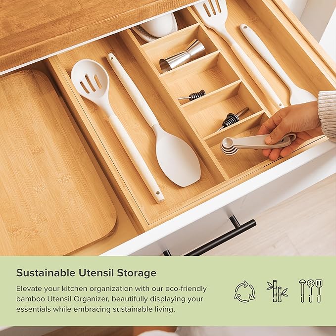 Adjustable Kitchen Drawer Organizer for Utensils and Junk, Food-Safe Contract Grade with 100% Sustainable Wood, Expandable from 19 to 33 Inches Wide - Natural Bamboo-Ruum Studio Home