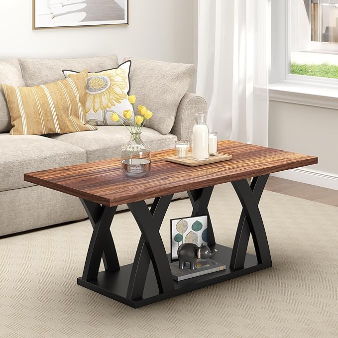 47” Wood Coffee Tables for Living Room Rustic Stands with Storage Shelf Black Blown Coffee Tables for Living Room Farmhouse Center Stands with Shelf. Farmhouse Rectangle Center Table-Ruum Studio Home
