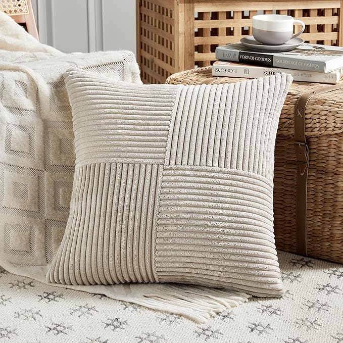 Fancy Homi 2 Packs Neutral Taupe Decorative Throw Pillow Covers 16x16 Inch for Living Room Couch Bed, Rustic Farmhouse Boho Home Decor, Soft Corss Patchwork Corduroy Textured Square Cushion Case 40cm-Ruum Studio Home