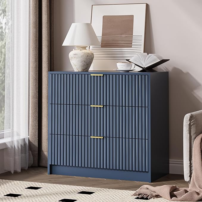 Fluted Dresser for Bedroom, 32 Inch Wide Nightstand with Large Drawer, 3 Drawer End Table for Bedroom, Living Rooms, Offices, and Entryways, Navy Blue-Ruum Studio Home