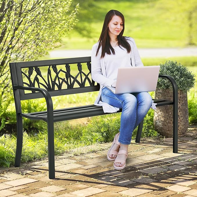 AVAWING Outdoor Bench, 2-Person Garden Benches for Outside, Metal Frame Patio Seating with Floral Pattern Backrest, Armrests for Lawn, Park, Porch, Entryway, Black-Ruum Studio Home