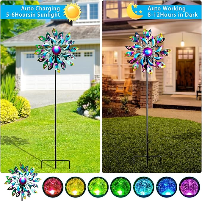 51.9" Peacock Solar Wind Spinner Outdoor Decor – Waterproof LED Lighted Garden Art with Adjustable Metal Pole, IP65 Weather Resistant for Yard, Patio-Ruum Studio Home